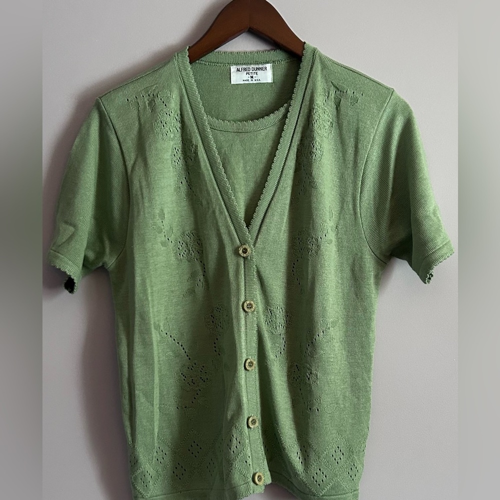 Vintage Alfred Dunner Sage Green Cardigan with Attached Tank Top Size PM